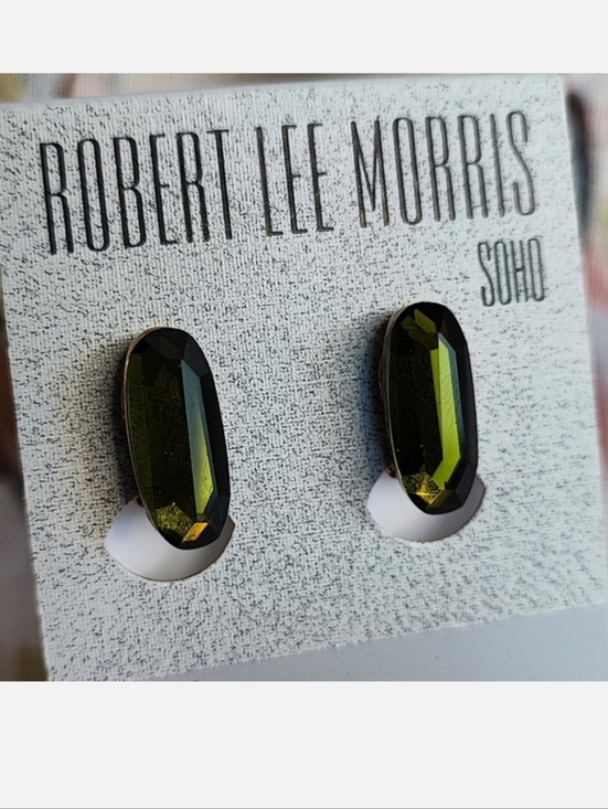 Robert Lee Morris Jewelry - Robert Lee Morris Olive Green Faceted Crystal Vintage Clip Earrings Gold Tone